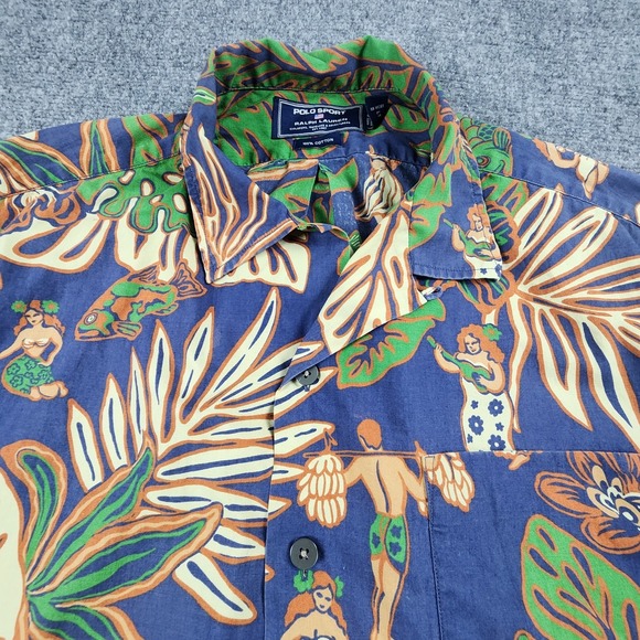 Vintage Polo Sport Ralph Lauren Hawaiian Shirt Mens L Hula Girl Luau Button Flaw - Picture 4 of 10